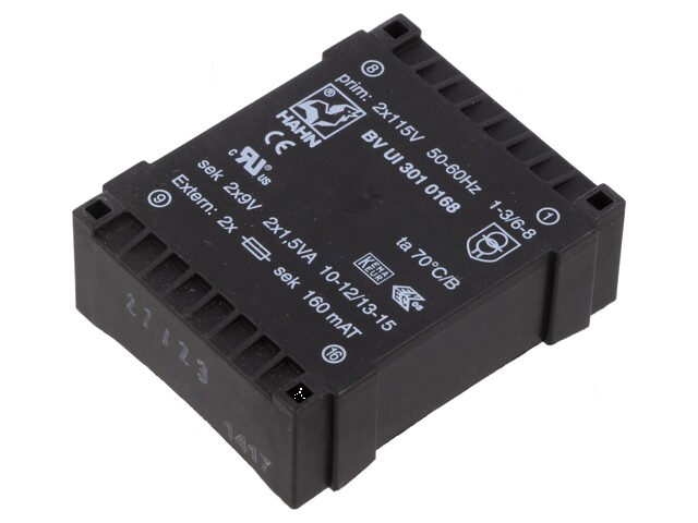 Transformator: ingegoten; 3VA; 115VACx2; 9V; 9V; 167mA; 167mA; PCB Transformator: ingegoten; 3VA; 115VACx2; 9V; 9V; 167mA; 167mA; PCB